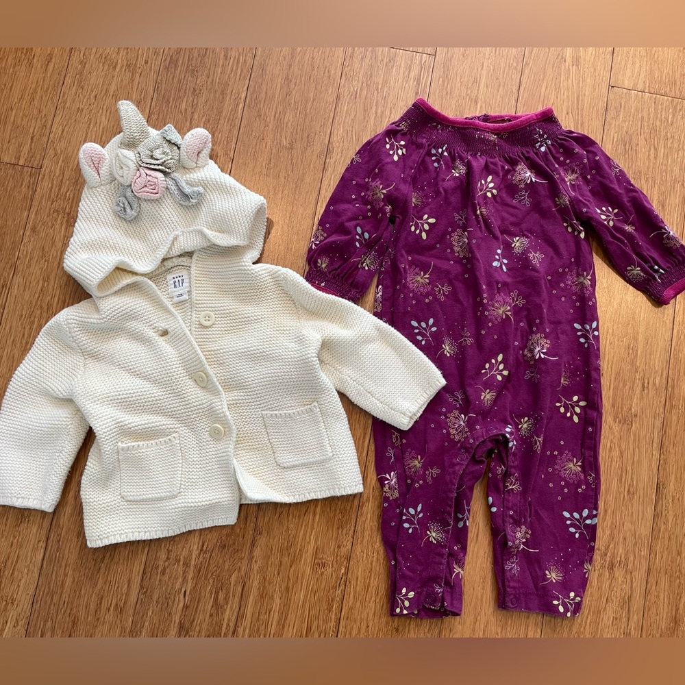 Baby Gap Cream Knit Cardigan and Tea Collection Purple Floral Onesie Set